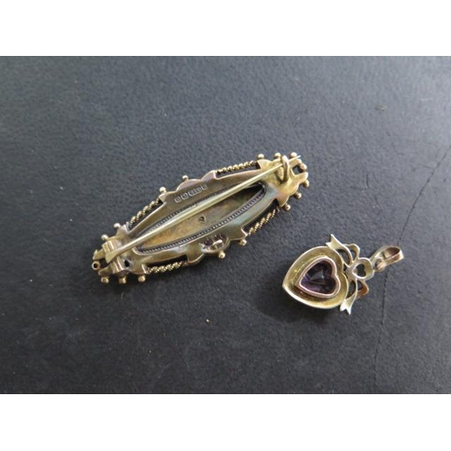 615 - A hallmarked 9ct brooch approx 3.8 grams, and a gilt metal pearl and amethyst heart pendant, 2.5cm l... 