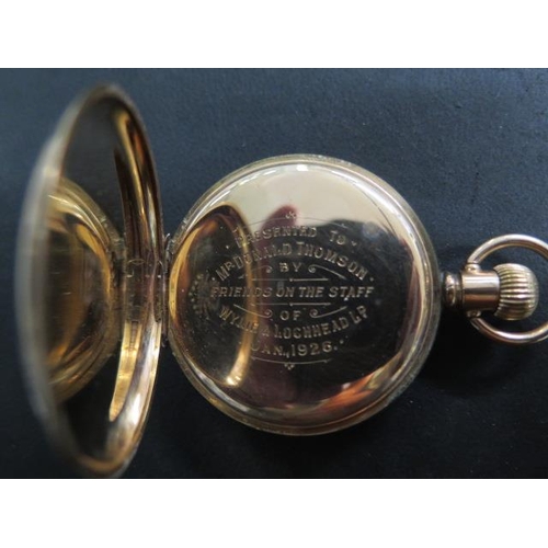 814 - An Elgin gold plated Hunter pocket watch, 5cm case, with presentation engraving dated 1926