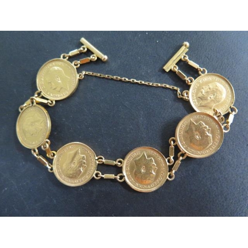 851 - A gold bracelet set with six George V half sovereigns, dated 1914, 1913 x 2, 1912 x 2 and 1926, brac... 