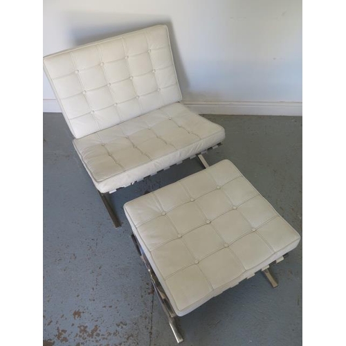20 - A Barcelona style chair with footstool in white leather, good condition, some signs of wear