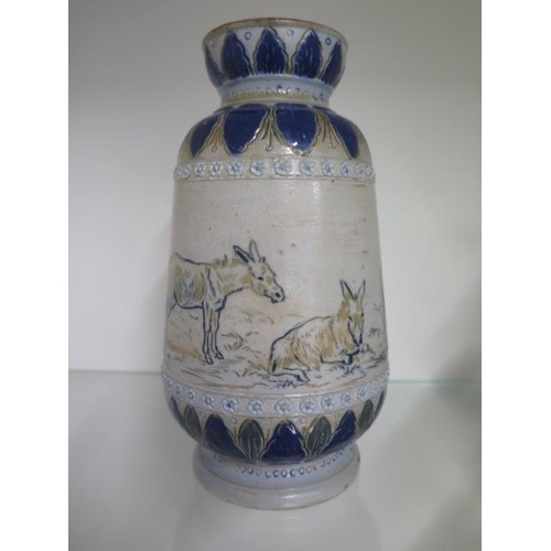 A Doulton Lambeth Hannah Barlow sgraffito vase decorated with donkeys, dated 1875, 20cm tall in good condition no obvious damage or repair