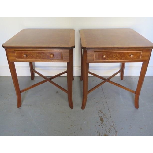 65 - A pair of new burr wood lamp / wine tables, each with a single drawer, made by a local craftsman to ... 