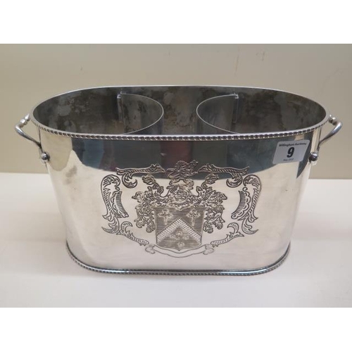 9 - A modern armorial plated two bottle wine cooler, 17cm tall x 33cm wide