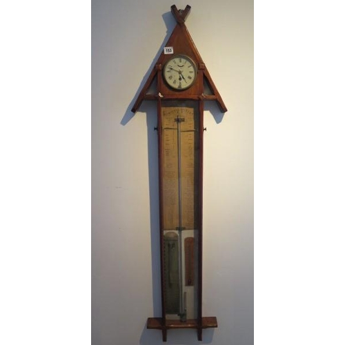 153 - An oak Admiral Fitzroy barometer with clock thermometer, 130cm tall, clock not currently running, so... 