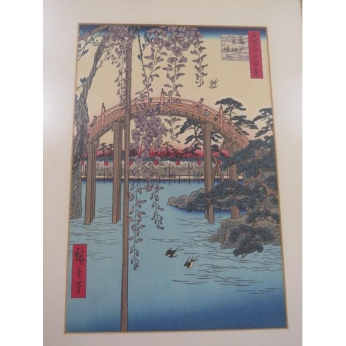 242 - A pair of Japanese coloured prints Kameido Temple Toyko and sudden shower at Chashi after Hiroshige,... 