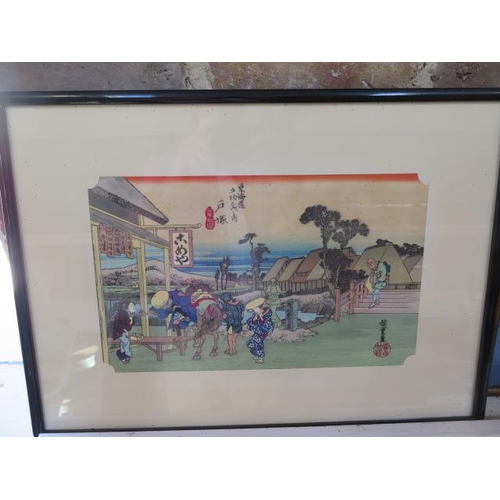 243 - 5 Japanese coloured prints, one after Hiroshige Ando Nihonbashi, one of the Tokaido 53 stations, lar... 