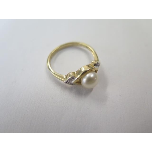482 - A hallmarked 9ct yellow gold pearl and diamond ring, size O, approx 2.2 grams, good condition
