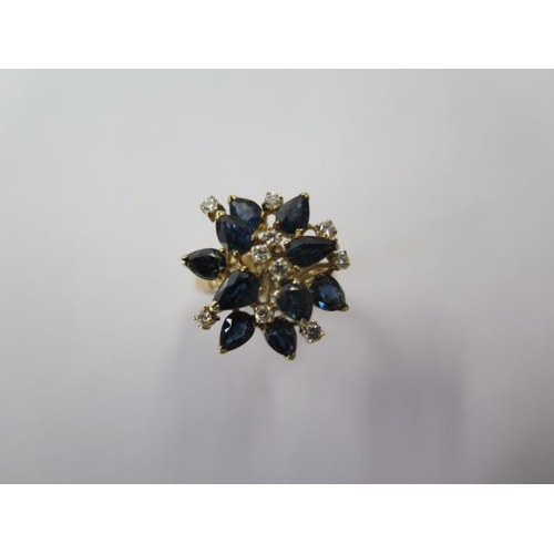 488 - A 14ct yellow gold sapphire and diamond cluster ring, size M/N, head approx 20mm wide, approx 6.4 gr... 
