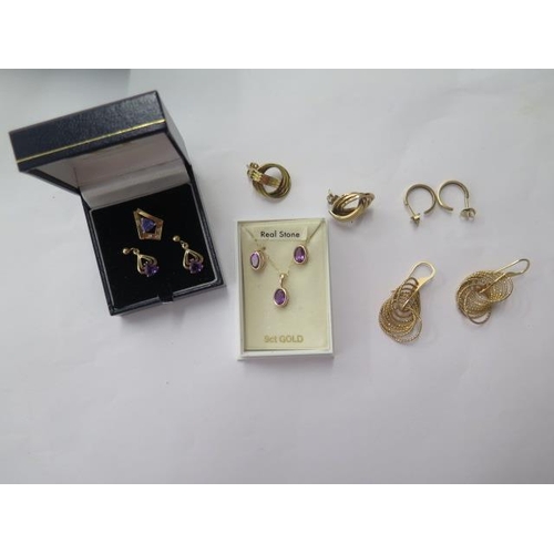 496 - A pair of 9ct amethyst earrings and pendant on chain, 2 pairs of 9ct earrings, 2 pairs of gilt metal... 