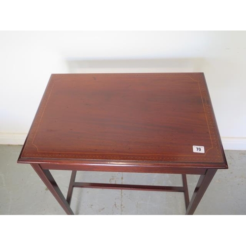 70 - An Edwardian mahogany inlaid and boxwood strung lamp table, in polished condition, 74cm tall x 60cm ... 