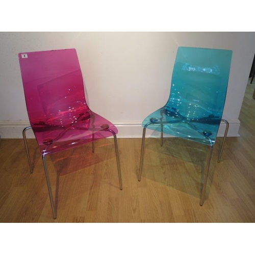 2 - Two Italian design perspex and chrome side chairs, 85cm tall, small usage marks but generally good
