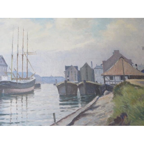 241 - Einar Gross 1895-1960 Danish, oil on canvas, view of Copenhagen Old Town Christianshaun, in a gilt f... 