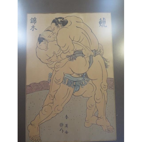 244 - 2 Japanese coloured prints, warrior and sumo wrestlers, largest frame size 55cm x 40cm