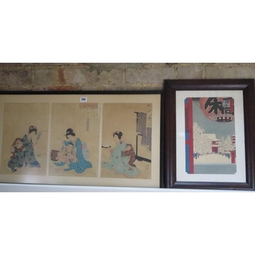 245 - A Japanese Triptych coloured print Beauties in the Meiji Era Imayo-no-Bijin Chikanobu- label verso a... 