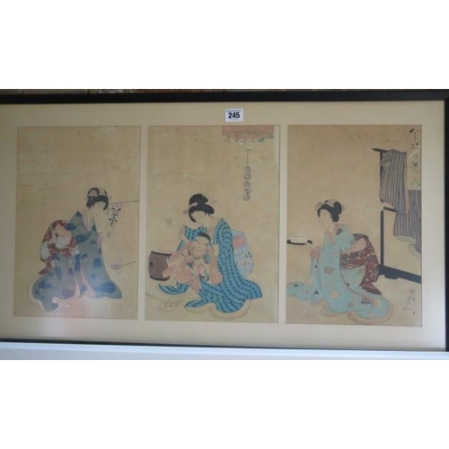 245 - A Japanese Triptych coloured print Beauties in the Meiji Era Imayo-no-Bijin Chikanobu- label verso a... 