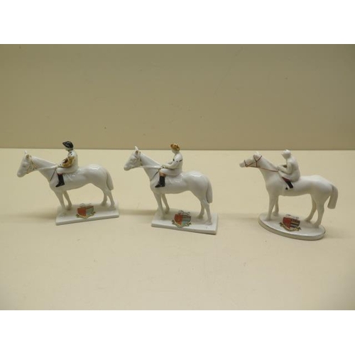 304 - Three crested ware jockeys and racehorses Carlton China and Arcadian. Pretty and Co and Hobbs bros N... 