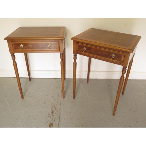 4 - A pair of new burr wood crossbanded lamp tables each with a drawer on turned legs, made by a local c... 