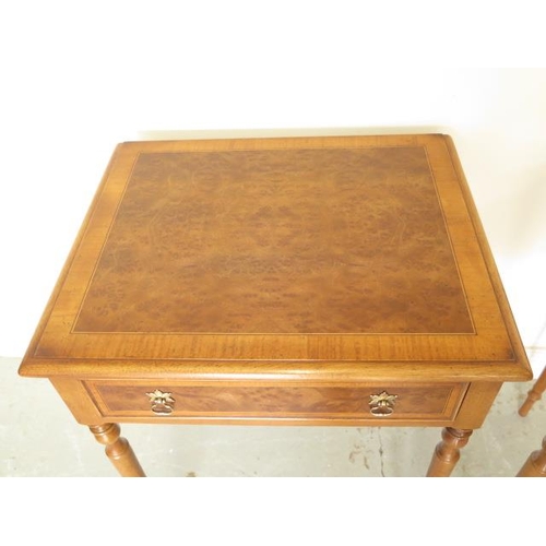 4 - A pair of new burr wood crossbanded lamp tables each with a drawer on turned legs, made by a local c... 