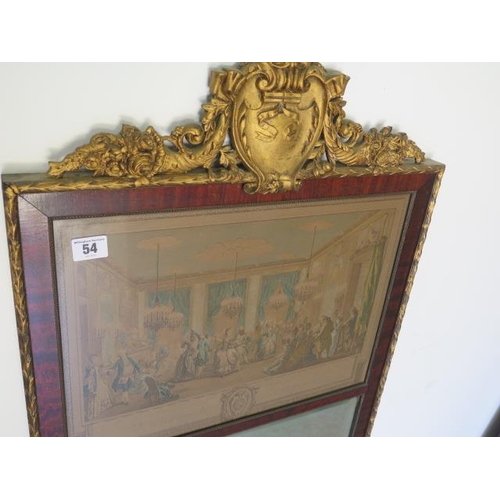 54 - A decorative mahogany and gilt hall mirror with bevel edge mirror and French coloured print, 142cm t... 