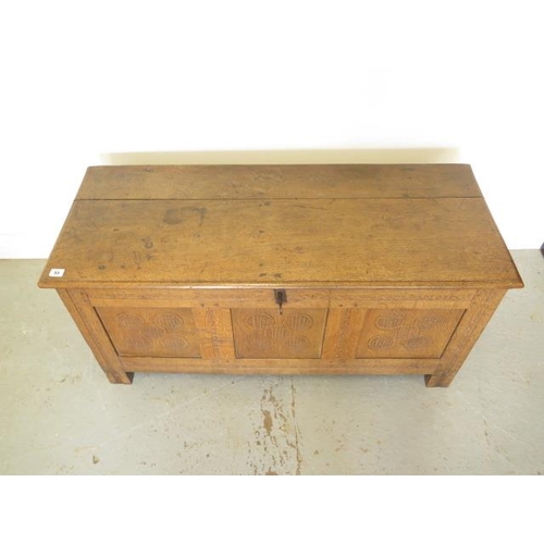 55 - An 18th century and later oak 3 panel coffer with candle box and key, 54cm tall x 113cm x 45cm
