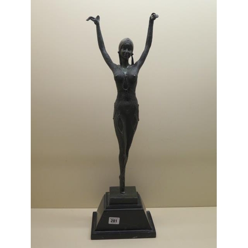 281 - An Art Deco style dancer figure on a black marble base in good condition, 64cm tall