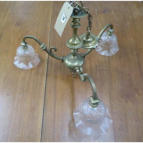 62 - A brass three branch hanging ceiling lamp, 40cm tall x 60cm wide