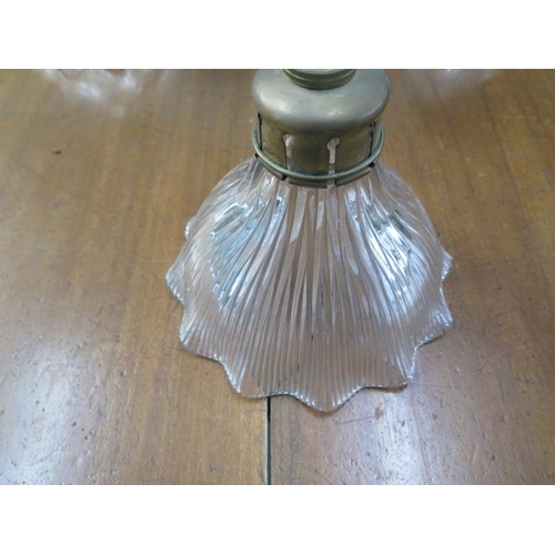 63 - A brass three branch ceiling lamp with holophane type shades, 39cm tall