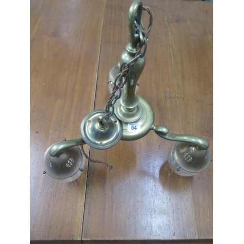 64 - A brass three branch ceiling lamp with cut glass shades, 50cm tall x 42cm
