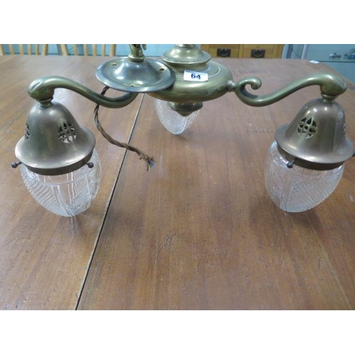 64 - A brass three branch ceiling lamp with cut glass shades, 50cm tall x 42cm