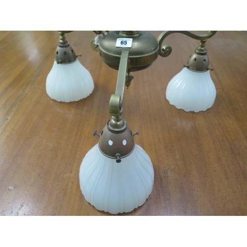 65 - A brass three branch hanging ceiling lamp with milk glass shades, 53cm tall x 52cm