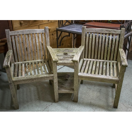 GARDEN SEATS/TABLE, weathered teak, of two armchairs with co...