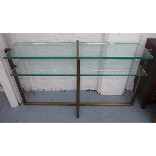 62 - CONSOLE TABLE, two tiers of glass on brushed metal supports, 82cm H x 40cm D x 140cm L.