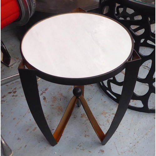 63 - OCCASIONAL TABLE, the white marble top on a base of black metal with gilt detail, 37cm diam. x 53cm ... 