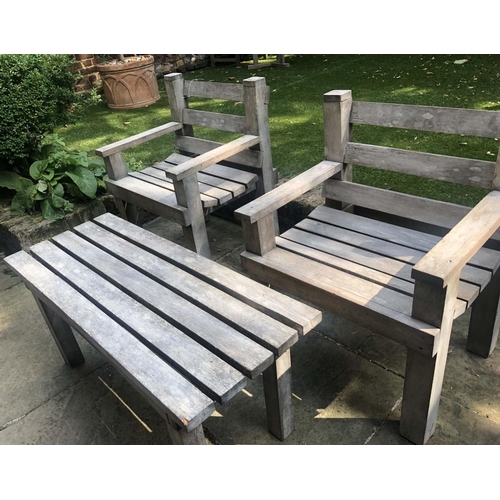 GARDEN ARMCHAIRS AND TABLE, weathered teak and slatted of su... Barnebys