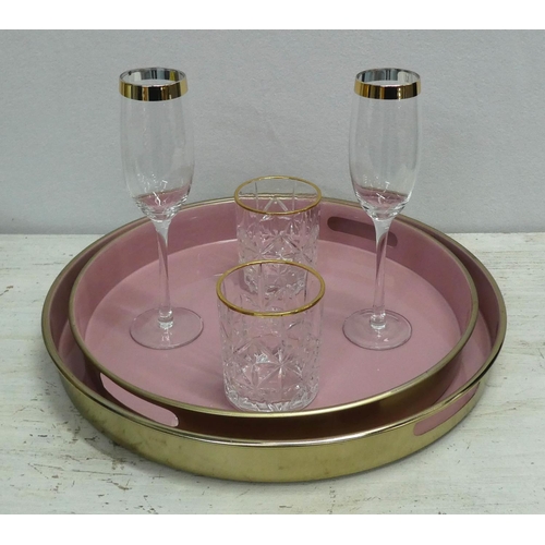 98 - DRINKS SET, including two trays, 40cm diam. at largest, two champagne flutes, 24cm H, and two tumble... 