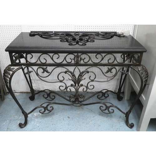 86 - CONSOLE TABLE, 115cm W x 56cm D, the black marble top on a metal base.