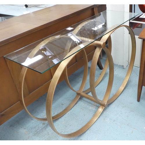 45 - CONSOLE TABLE, 130cm L x 82cm H with a rectangular glass top on a base with entwined circles.