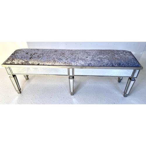 65 - HALL SEAT,  52cm x 150cm x 370cm, mirrored and silvered finish, with velvet seat.