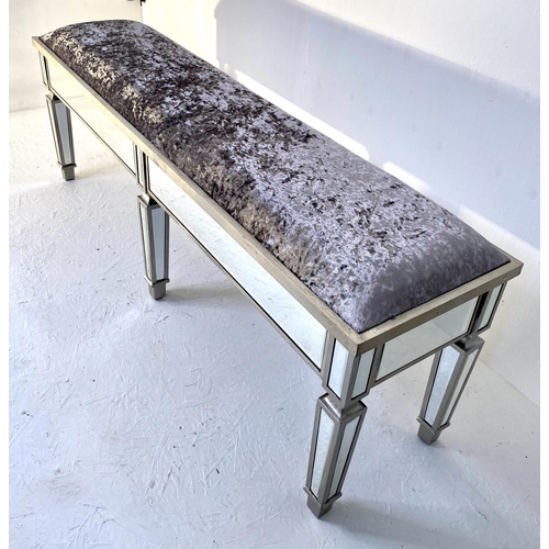 65 - HALL SEAT,  52cm x 150cm x 370cm, mirrored and silvered finish, with velvet seat.