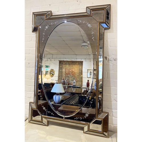 21 - WALL MIRROR, Art Deco design, oval plate with an eglomise and floral etched frame, 120cm x 80cm.