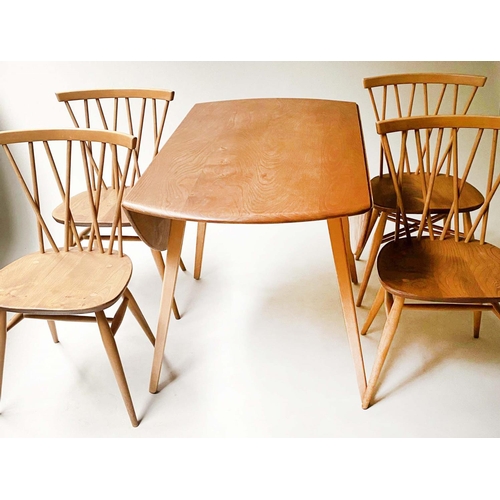 25 - ERCOL DROP LEAF DINING TABLE AND SHALSTONE DINING CHAIRS, a set of four, 114cm x 124cm x 71cm H. (5)