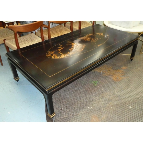 57 - LOW TABLE, 90cm x 48cm H x 178cm, black with gilt Chinoiserie detail.