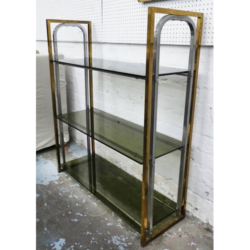 8 - ETAGERE, 88cm x 31cm x 103cm, 1970's brass and chrome, glass shelves.