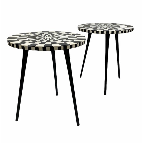 33 - SIDE TABLES, a pair, 1970's Italian design, circular inlaid tops on tripod metal legs, 46cm H x 41cm... 