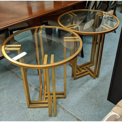 110 - SIDE TABLES, a pair, 61cm x 67cm H, 1970s Italian style, gilt metal and glass. (2)