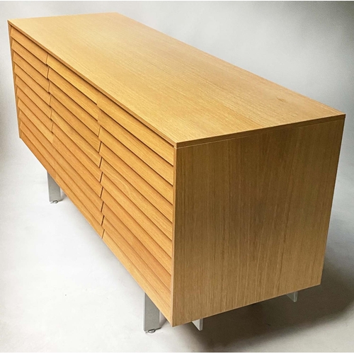 30 - SIDEBOARD BY PUNT MOBLES, Retro style oak, with three louvre drawers flanked by cupboards, on steel ... 