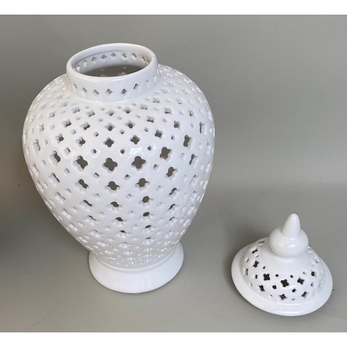 70 - PIERCED TEMPLE JARS, a pair, 50cm x 25cm, white glazed ceramic. (2)