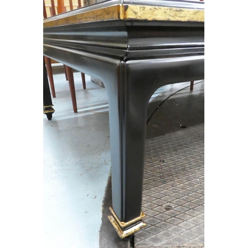 27 - LOW TABLE, 90cm x 48cm H x 178cm, black with gilt Chinoiserie detail.
