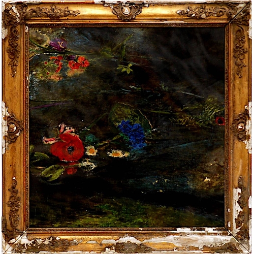 64 - PRINT OF FLOWERS ON SILK, 60cm x 60cm, in a French frame, glazed.