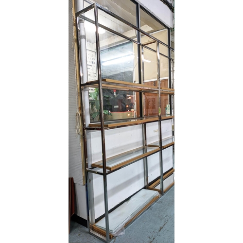 41 - OPEN SHELVES, 126cm x 244cm H x 31cm, the chrome frame with smaller unsecured wooden frames and glas... 